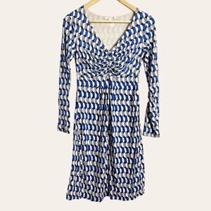 Boden Blue Geometric Print Long Sleeve Ruched V-Neck Jersey Sheath Dress Size 4